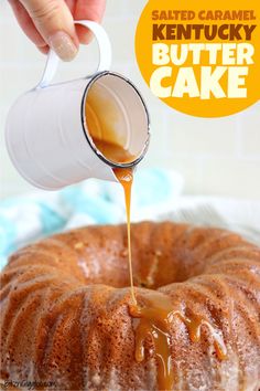 someone is pouring caramel sauce on a buttery bundt cake with icing