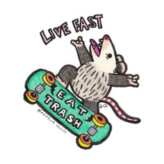 a drawing of a rat riding a skateboard with the words live fast on it