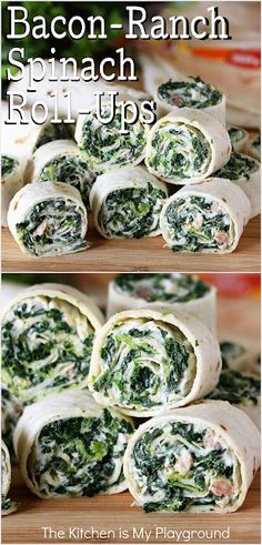 bacon ranch spinach roll - ups are the perfect appetizer for any party