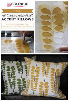 an image of decorative pillows made with acrylic paint and stenciled leaves