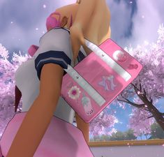 a woman holding a pink suitcase in front of a tree with purple flowers on it