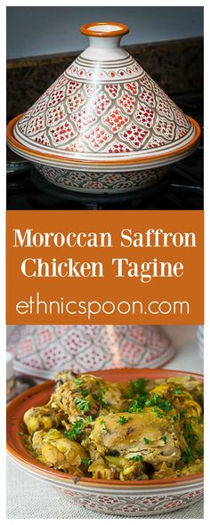 moroccan saffron chicken tagine recipe on an orange and white plate with text overlay