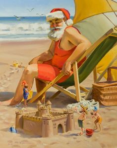 a painting of santa claus sitting in a chair on the beach