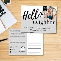 a postcard with the words hello neighbor on it next to a cup of coffee