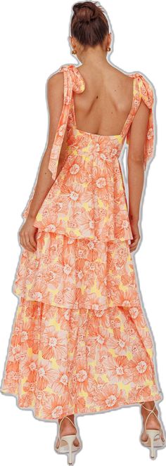 Arlowe Tied Shoulder Tiered Midi Dress Floral Orange - XS