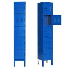 two tall blue lockers side by side, one with its doors open and the other closed