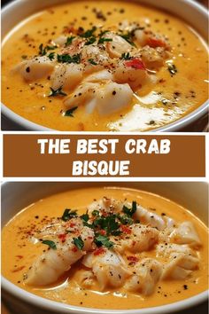 two pictures with different types of food in them and the words, the best crab bisque