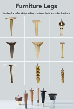 various types of furniture legs are shown in different styles and colors, including gold or silver