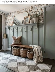 a bench with baskets on it and a mirror in the corner behind it that says, the perfect little entry see more