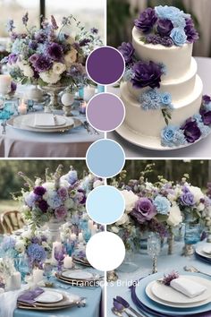 the table is set with blue and purple flowers, plates, and napkins on it