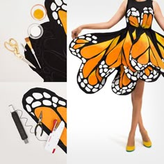 a woman in a butterfly costume with scissors and other accessories