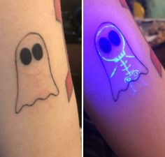 two different images of the same tattoo on someone's arm, one with a ghost