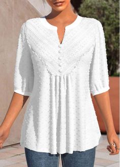 Color:White;Size:S;Package Contents:1 X Blouse;Occasion:Other;Style:Casual; White Short Sleeve Blouse, Blouse Pattern Sewing, Ladies Tops, Lace Fashion, Blouse Outfit, Lace Shirt, White Short, White Casual, Trendy Tops