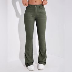 Shein Frenchy Slant Pocket Bootcut Leg Jeans Army Green Small (4) But Fits Like An Xxs! New Green Flare Jeans, Dark Green Jeans, Ripped Baggy Jeans, Orange Jeans, Shein Jeans, Denim Flare Jeans, Green Boots, Green Jeans, Bootcut Pants