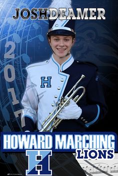 a man in uniform holding a trumpet and posing for a photo with the words howard marching lions on it