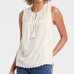 Sleeveless Top With Pleated Gathering At Center For Relaxed Look / Eyelet Detailing Along Sides And Above Bust Casual Crochet Top With Lace Trim, Casual Knit Top With Crochet Trim For Day Out, Casual Sleeveless Crochet Trim Knit Top, Casual Knit Tops With Crochet Trim, Rib Knit Tank Top, Rib Knit Top, Tie Dye Tank Top, Red Tank Tops, Knit Tank Top