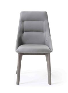 a gray leather chair with wooden legs