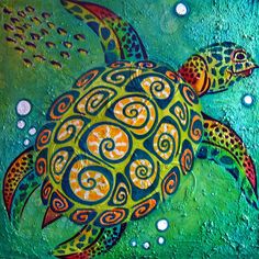 a painting of a sea turtle with bubbles on it's body and an orange shell