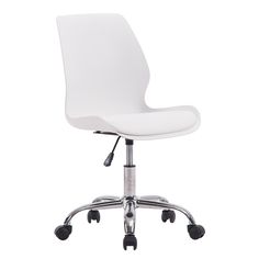 a white office chair with wheels and casteors on an aluminum base, viewed from the front