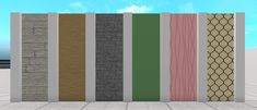 a row of different colored brick wall panels