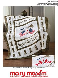 a quilted blanket with an american flag on it and the words support our troops