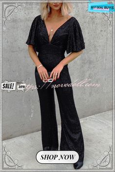 Light Of Darkness Flutter Sleeve Sequin Jumpsuit Black Sequin Jumpsuit, Sequin Sleeve, Sequin Jumpsuit, Black Jumpsuit, Black Sequins, Flutter Sleeve, Ankle Length, Types Of Sleeves, Sequin