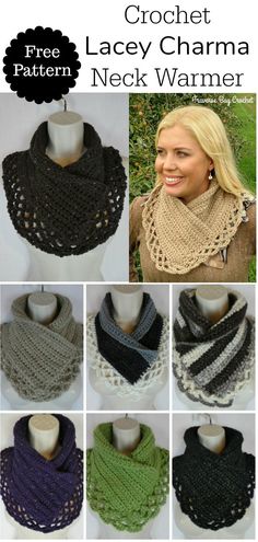 the crochet lacey charm neck warmer pattern is shown