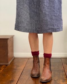 Boots & dresses for life ✔️ No.11 dress in Small Indigo Stripe 🔹 Timeless Shoes, Layer Style, Striped Linen, Ethical Fashion, Minimal Fashion, Dress With Boots