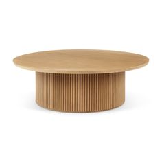 a round wooden table with pleated plinture on the top and bottom, in front of a white background