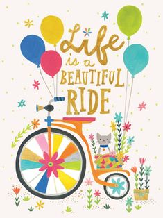 a bicycle with balloons and flowers on the front is featured in this hand drawn card