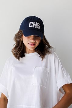 Navy Blue "CHS" Embroidered Hat Kimono Outerwear, Fall Flannel, Brunch Dress, Cute Hat, Embroidered Hat, Rust Dress, Exclusive Dress, Puff Sleeve Dresses, Embroidered Hats