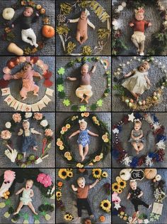 many different pictures of children laying on the ground with sunflowers and other decorations