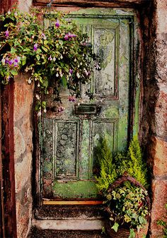 a green door with some flowers on it