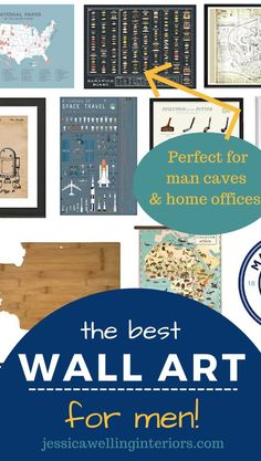 the best wall art for men in blue and white with text overlay that reads perfect for man caves & home offices