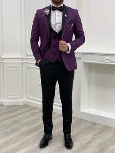 Wedding Tuxedo For Men Purple, Black Tux With Purple Tie, Purple Wedding Tuxedo Groom Attire, Purple Tuxedo For Men, Purple Suits For Men Wedding Ideas, Purple Prom Suits For Men, Purple Tuxedo Wedding, Purple Groomsmen Attire, Purple Suit Men