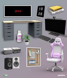 a computer desk with various items on it