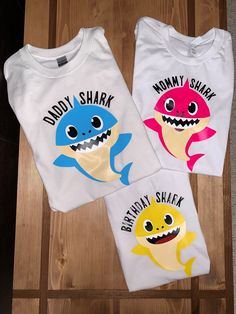 Made to order custom Baby Shark Theme shirts.  All shirts are customizable per order.  Perfect for the whole family! * All shirts are made to order and can be customized anyway you would like. If you aren't seeing a color shirt or vinyl you like contact me and I will see what I can find! Unisex White Custom Print Shirt, Unisex Customizable White T-shirt, White Custom Print Unisex Shirt, Unisex White Shirt With Custom Print, Fun White Pre-shrunk Shirt, Funny Personalized White T-shirt, Custom Print Themed White Tops, Themed White Tops With Custom Print, Unisex White Family Matching Shirt