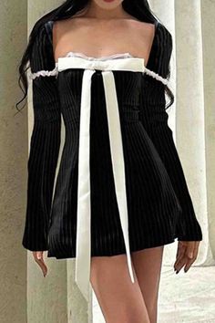 Square Neck Long Sleeve, Neck Bow, Mini Robes, Striped Mini Dress, Mini Dresses For Women, Looks Chic, Mua Sắm, Unique Dresses, Long Sleeve Mini