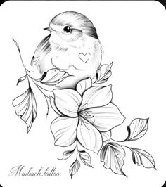 a black and white drawing of a bird on a branch with flowers in the background