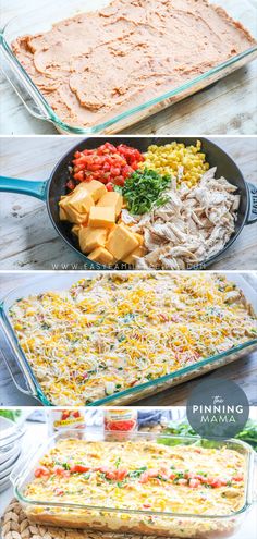 four different views of food in pans on a table with text overlay that reads, how to make an enchiladable casserole