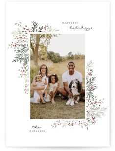 a family christmas card with an image of a dog and two people in the background