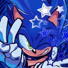 sonic the hedge is smiling and waving with stars in the sky behind him, as if he's holding his hand up to his ear