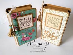 two handmade greeting cards with thank you and friends written on the front, one has a tassel