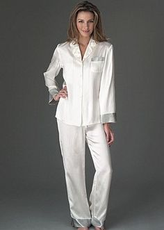 Silk pajamas i need a white pair Silk Pajama Pants, Button Up Pajamas, Pijamas Women, Satin Nightwear, Silk Pajamas Women, Luxury Pajamas, Pyjama Satin, Silk Clothes, White Pajamas