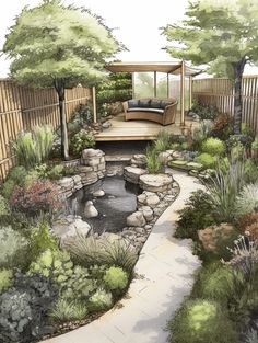 a drawing of a garden with a pond and seating area