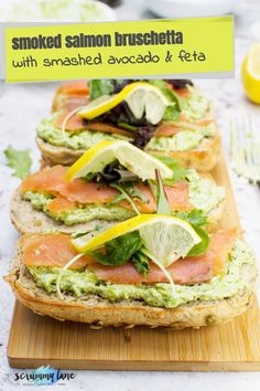 smoked salmon bruschetta with smashed avocado and feta on toasted bread