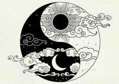 the yin symbol is painted in black and white, with clouds floating over it's head