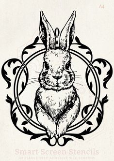 a black and white drawing of a rabbit in a circle with the words smart screen stencils