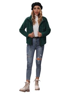 Women's Round Neck Adjustable Rope Zipper Plush Casual Jacket - blackish green,XL Green Long Sleeve Outerwear With Zipper Closure, Fall Hooded Fleece Jacket With Zip Fly, Hooded Fleece Jacket With Zip Fly For Fall, Green Casual Outerwear With Zipper Closure, Casual Green Outerwear With Zipper Closure, Long Sleeve Outerwear With Ykk Zipper For Cold Weather, Long Sleeve Fleece Jacket With Zip For Fall, Casual Green Fleece Jacket For Fall, Casual Fall Fleece Jacket With Ykk Zipper