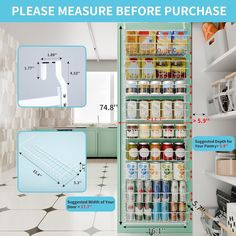 the refrigerator is full of canned food and has measurements to measure it's size